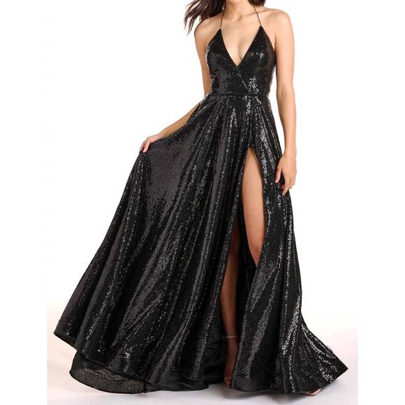 NEW AVA PRESLEY halter neck a-line sequin gown in black - Picture 1 of 2